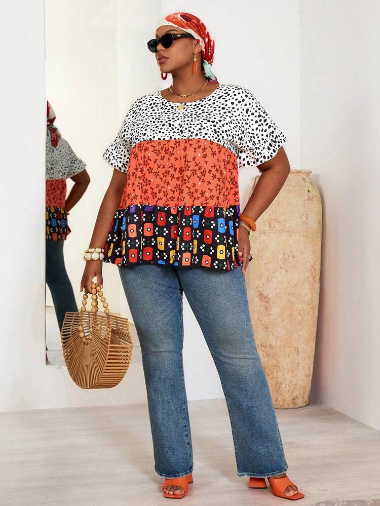 Plus Size Women Vacation Patchwork Ditsy Floral Round Neck Short Sleeve Blouse Summer Tops   Summer Outfits Summer Clothes Spring Dress Spring Outfit Women Spring Clothing Beach Vacation Outfits For Women Vacation Dress Bohemian Summer Holiday Outfits