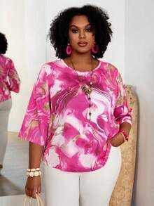 EMERY ROSE Plus Size Elegant All-Over Print Loose Round Neck 3/4 Sleeve Shirt,Going Out Tops - Hot Pink - View 1