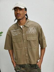 GALLERY FADE Men's Casual Street Style Embroidered Pocket Military Green Denim Short Sleeve Shirt - Army Green - View 3