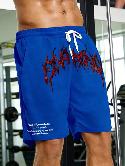 Manfinity Sport PWRUP 男士涂鸦印花系带运动短裤，红黑配色