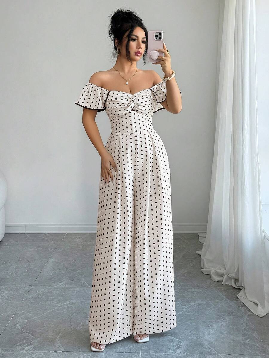 INAWLY Women's Fashionable Elegant Polka Dot Print Off-Shoulder Jumpsuit - Apricot - View 1