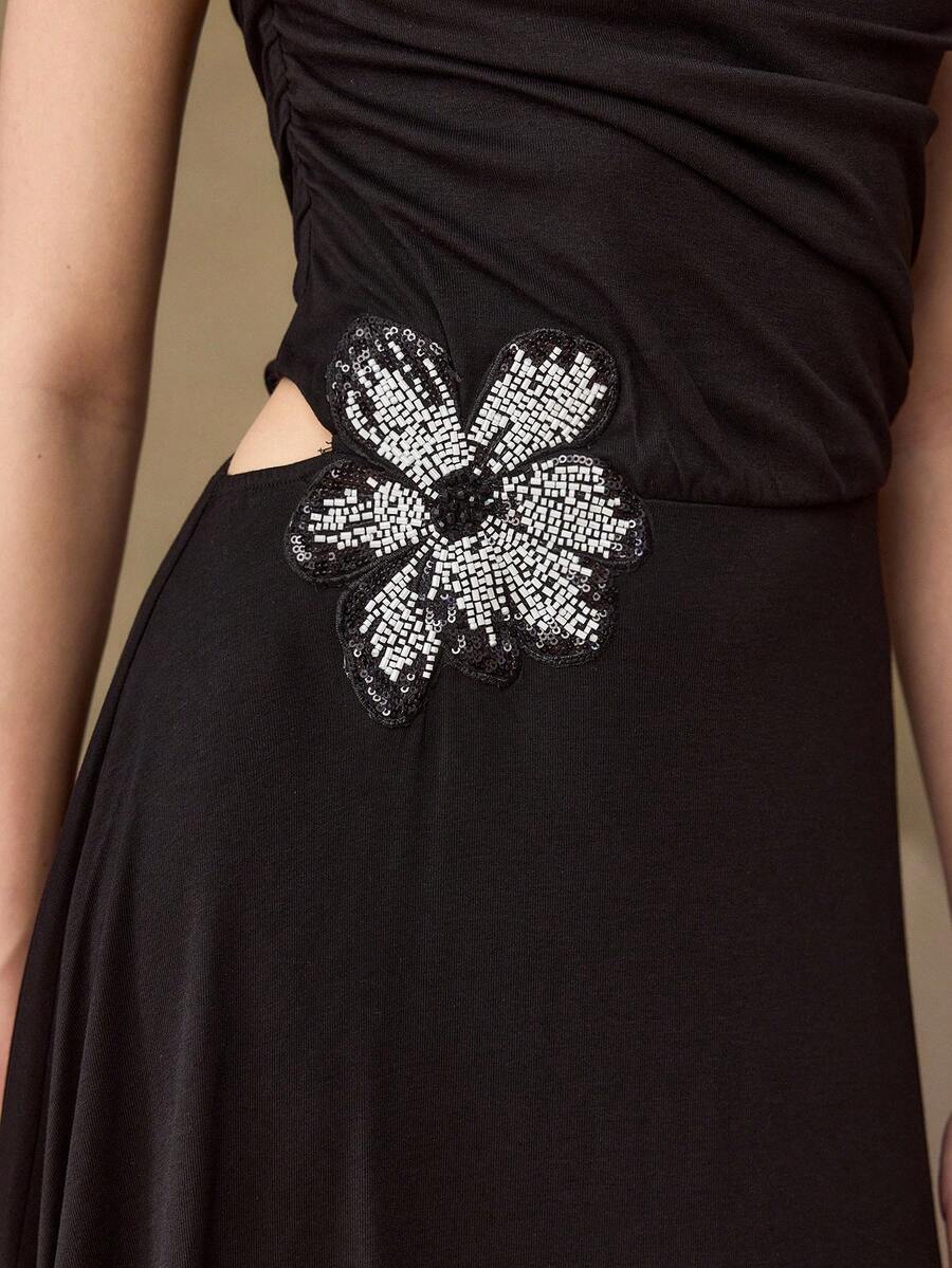 MOTF PREMIUM SPRING/SUMMER NEW HOLLOW EMBROIDERED FLORAL RUCHED ASYMMETRIC SHOULDER KNIT MIDI DRESS FOR WOMEN - Black - View 2