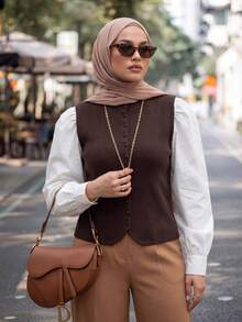 Calvaya 休闲宽松无袖高领针织上衣，纽扣设计，红色，女士，春秋季 - 咖啡棕 - 查看 1