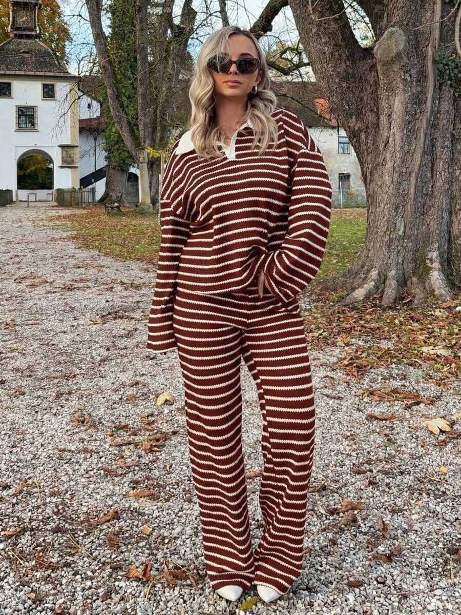 Jeta Ari Women's 2pcs Set Loose Striped V-Neck Drop Shoulder Long Sleeve T-Shirt &Elastic Waist Striped Pants, Winter Sweater Suit ,Autumn/Winter Christmas Red New Year 2 Pieces Lounge Sets Woman Two Pieces Set Women Comfy Lounge Wear Striped Set, Christmas Pajamas Family,Fall,Fall Clothes For Women Casual Spring Valentine's Day - Red - View 1
