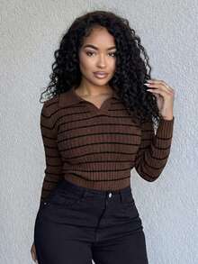 Alexandranx 女式时尚休闲条纹修身套头衫 - 咖啡棕 - 查看 4