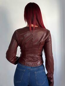 Bearsaez Wine Red Street Style Long Sleeve Leather Jacket,Leather Jacket,Burgundy ,Punk,,Fall Clothes For Women,Winter,Cropped Jacket,Streetwear, - Burgundy - View 2