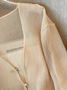 K-Vae Women's Delicate Textured Lightweight Sheer Cardigan, Short Pearl Button Shrug For Summer - Apricot - View 5