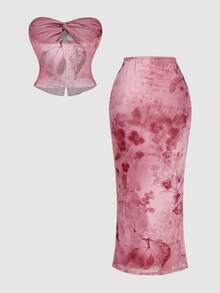 SHEIN MOD 女士优雅度假风植物标语印花扭结前襟抹胸上衣和半裙两件套，春夏款 - 彩色 - 查看 3