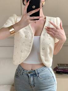 DAZY Women's Elegant Sequin V-Neck Faux Pocket Petal Sleeve Blazer Jacket, Summer - Beige - View 8