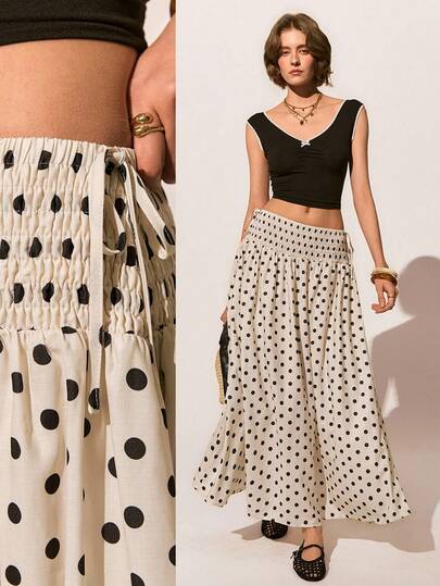 Poéselle 女士波点褶皱腰长裙，飘逸高腰抽绳A字夏季波点长裙，褶皱腰裙，飘逸夏季裙，波西米亚风沙滩裙，田园风，松紧腰裙，度假胶囊系列系带波点印花休闲裙