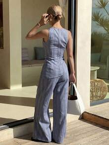DAZY 女士休闲条纹褶皱不对称吊带背心和阔腿裤两件套，夏季 - 藍色 - 查看 2