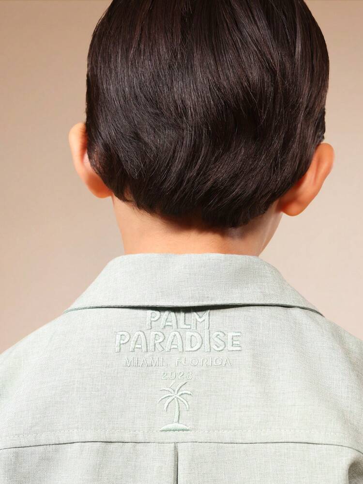Boys Collared Short Sleeve Linen Feel Shirt With Palm Tree Print And Button Front Closure