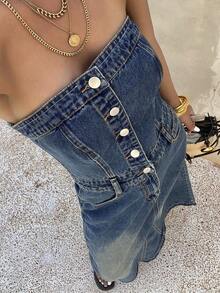 DAZY Women's Casual Washed Denim Jumpsuit Dress With Pockets, Summer - Medium Wash - View 6