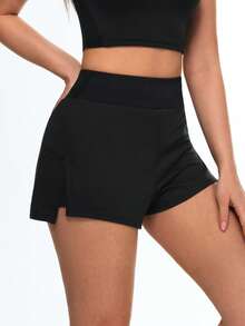 SHEIN Sports Eassivo 女士轻便宽腰带运动短裤 - 瑜伽户外训练跑步 - 黑色 - 查看 4
