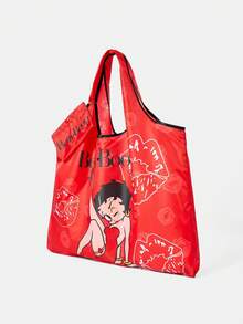 Betty Boop x SHEIN Fashion College Badge Pattern Waterproof Large Capacity Tote Bag - Red bottom lip - View 2