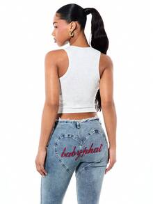 BABYPHAT 女士浅灰色罗纹吊带背心，饰有红色星星图案印花，圆领无袖露脐背心，夏季休闲款 - 淺灰色 - 查看 2