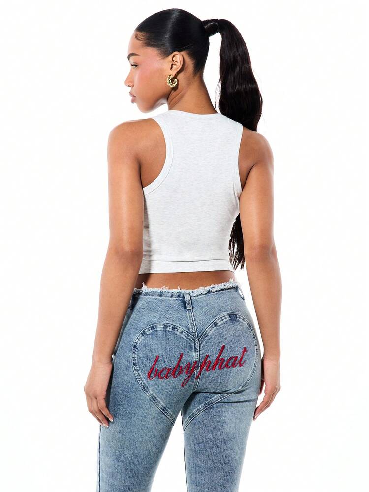 BABYPHAT Women's Ribbed Light Grey Tank Top With Red Star Script Graphic Print Scoop Neck Sleeveless Crop Tank Top Summer Casual