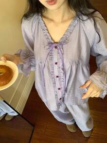 DAZY Spring Sweet Frill Trim Raglan Sleeve Loose Women Pajama Set - Purple - View 4