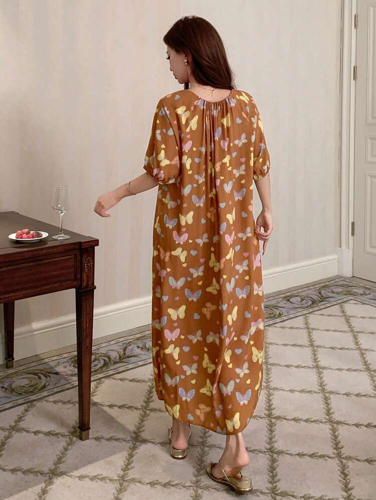 Women's Loose Butterfly Print Drawstring Neck Nightgown, Summer