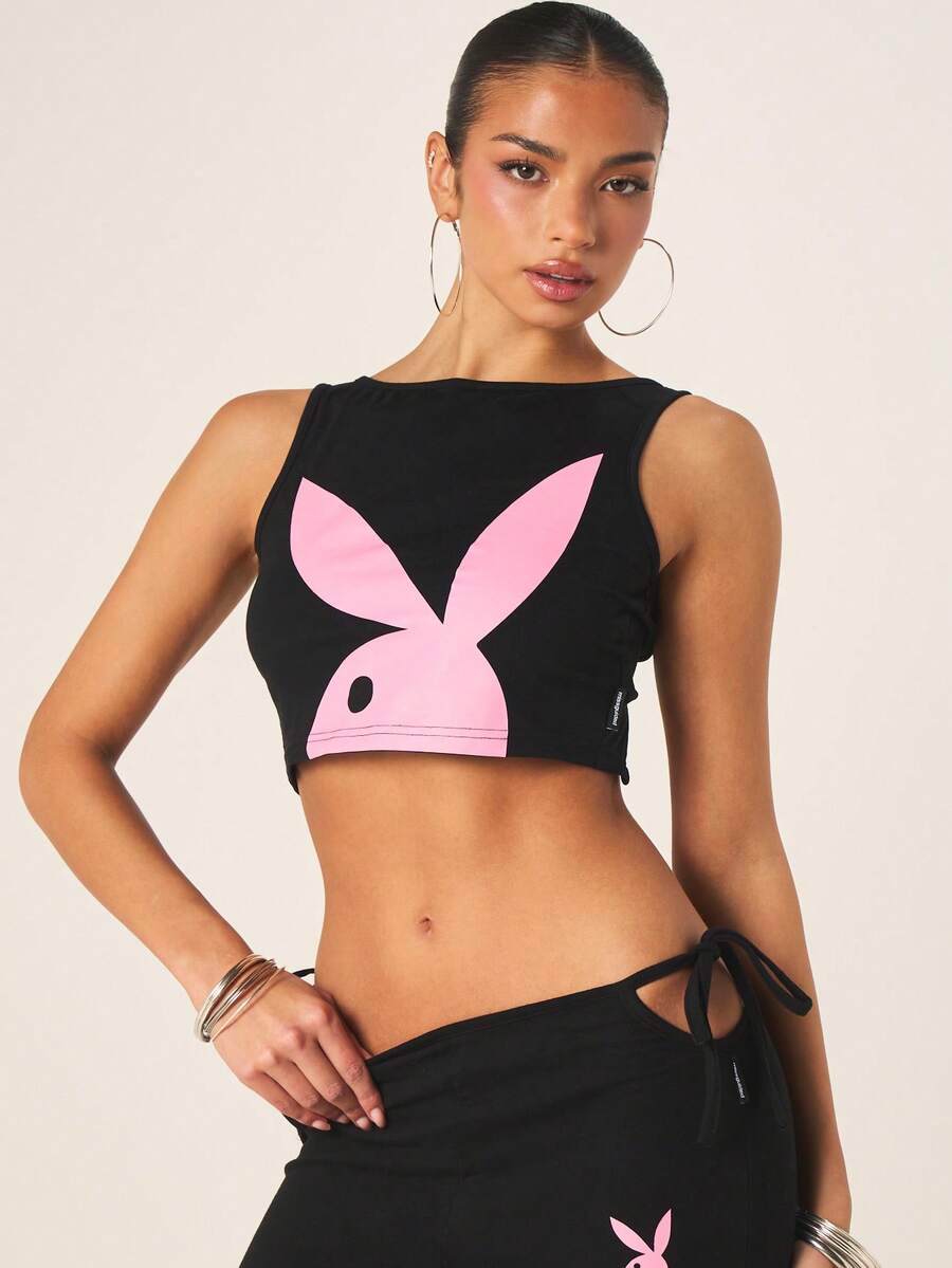 Missguided x Playboy 女士黑色无袖吊带背心，饰有粉色兔子标志和露背绑带设计 - 黑色 - 查看 1
