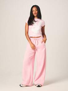 Missguided x Playboy Women's Pink Wide Leg Joggers With Drawstring Waist And Brand Logo Text For Casual Lounge Wear - Pink - View 5