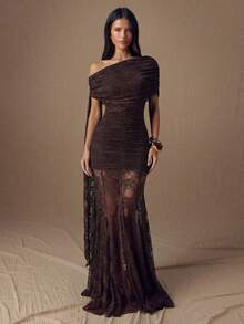 SHEIN BAE Vestido ajustado de mujer con manga corta asimétrica, fruncido y parches de encaje de unicolor - Café integral - Ver 1