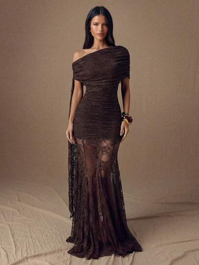 SHEIN BAE Women's Solid Color Asymmetric Short Sleeve Fitted Ruched Lace Patchwork Dress