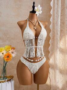 Bellisia Bộ đồ bơi tankini nữ dễ thương, chất liệu vải dệt họa tiết, hơi xuyên thấu, buộc dây phía trước, chất liệu vải cháy xém. - Màu be - Xem 3