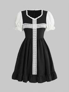 ROMWE Goth Vestido holgado de línea A con mangas abullonadas, encaje y estilo gótico lolita - Negro - Ver 5