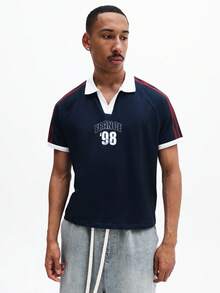 SUMWON Men's Slim Fit Navy Polo Shirt With France 98 Chest Print And Striped Sleeve Detail Casual Short Sleeve Collared Top - Blue - View 5