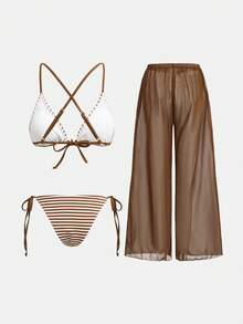 Maija Women's Striped Bikini Set For Beach Vacation - Brown - View 2