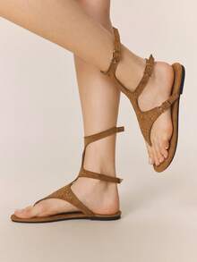 Styleloop New Sexy One-Buckle Roman Sandals, Women's Rivet Bohemian Flat Shoes, Brown Holiday Travel Essential Boho Cowgirl Outfit - Brown - View 6