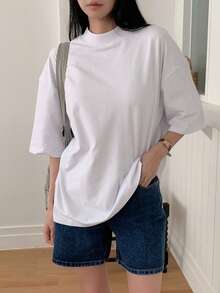 DAZY Women's Loose Casual Business Short Sleeve T-Shirt, Stand Collar, Fashion Office Wear, Spring & Summer - White - View 1