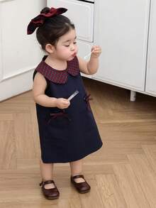 DAZY Đầm không tay cổ Peter Pan kiểu Hàn Quốc cho bé gái sơ sinh/trẻ nhỏ - Xanh đậm - Xem 6