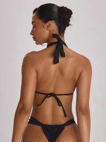 Musera Resort Top de bikini con cuello halter y espalda con lazos, básicos de ropa de baño de color sólido para vacaciones, vacaciones, verano y viajes a la playa - Negro - Ver 4