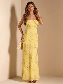 SHEIN BAE Yellow Ditsy Floral Backless Tie Dress, Elegant & Graceful For Spring/Summer,Summer Dresses For Women - Yellow - View 3
