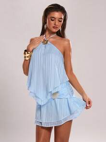 SHEIN BAE Women's Casual Vacation Spaghetti Strap Asymmetrical Hem Satin Striped Camisole Top, Suitable For Beach Vacation, Sisters Outing, Casual Vacation, Beach Travel, Music Festival, Vacation, Blue Satin Spaghetti Strap Camisole, Sexy Camisole - Blue and White - View 3