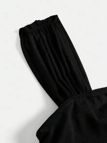 SHEIN Girlism 少女无袖褶皱胸部和腰部A字连衣裙，黑色，优雅 - 黑色 - 查看 4