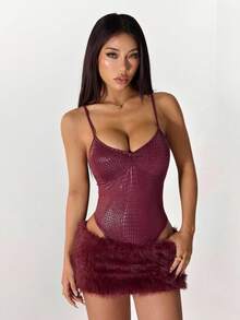 SHEIN PETITE 女士性感鳄鱼纹吊带连体裤和蓬松迷你裙两件套，夏季 - 酒紅色 - 查看 15