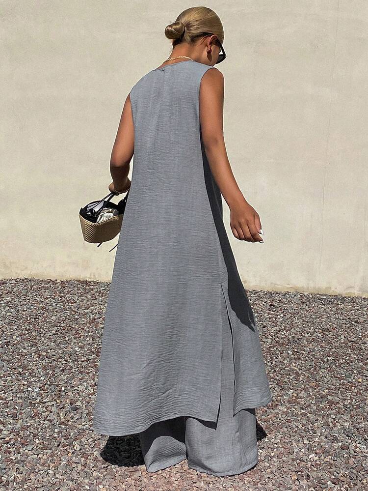 Women's V-Neck Long Tie-Waist Vest And Loose Straight Leg Pants 2 Pieces Vacation Set