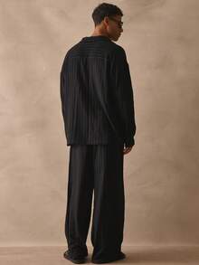 Musero Sold As One V Neck Long Sleeve Shirt Wide Leg Trouser Pant Striped Set Spring Summer Essentials - Black - View 3