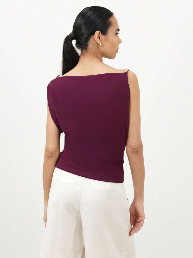 KSTM Women Off Shoulder Sleeveless Jersey Sling Top Asymmetric Neckline Casual Burgundy Blouse