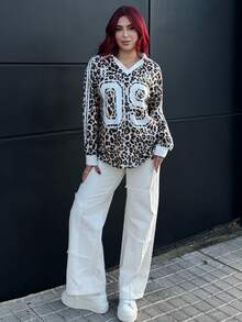 Bearsaez 秋冬新款女士休闲豹纹数字图案卫衣 - 卡其色 - 查看 6