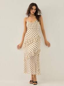 Gaivellea Women's Elegant Romantic Delicate Outdoor/Date Dress, Spaghetti Strap, Apricot Base With Black Polka Dots, Draped Neckline, Ruffle Hem, Mermaid Silhouette, Spring/Summer - Apricot - View 4