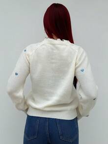 Bearsaez 女士心形刺绣拼布插肩袖毛衣、长袖上衣、秋冬针织毛衣 - 藍色 - 查看 2