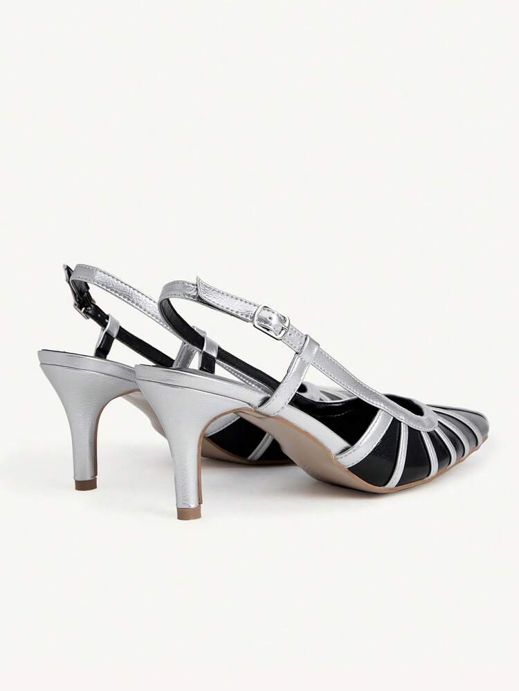 CUCCOO CHICEST Black & Silver Color Block Pointed Toe Slingback High Heel Pumps For Women Wedding Shoes Summer Shoes Bride Shoes