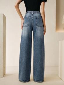 Anewsta New Arrival Rhinestone Embellished Women's Blue Straight Leg Jeans - Blue - View 3