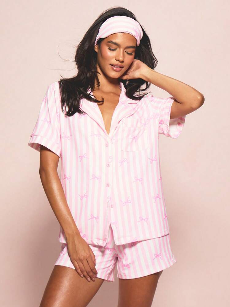 MISSGUIDED Women's Pink Stripe Button Down Pajama Set Short Sleeve Top And Matching Shorts Sleepwear Nightwear Lounge Set Summer Comfort Sleep