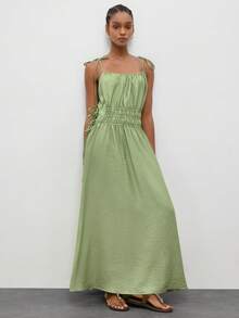Maija Women's Sage Green Summer Casual Spaghetti Strap Dress,Vacation Holiday Beach Outfits,Elegant Solid Color Graduation Party Outfits,Spring Dresses - Green - View 4