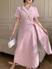 DAZY 女士优雅纯色褶裥系腰中长连衣裙，配西装领，春夏吊带裙 - 粉色 - 查看 7